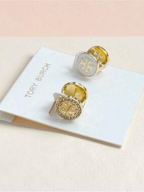 Tory Burch Gold double sided gold and White double sided Logo Earrings.